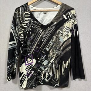 Alberto Makali Top L Black White Abstract V-Neck Artsy Graphic Statement Deco